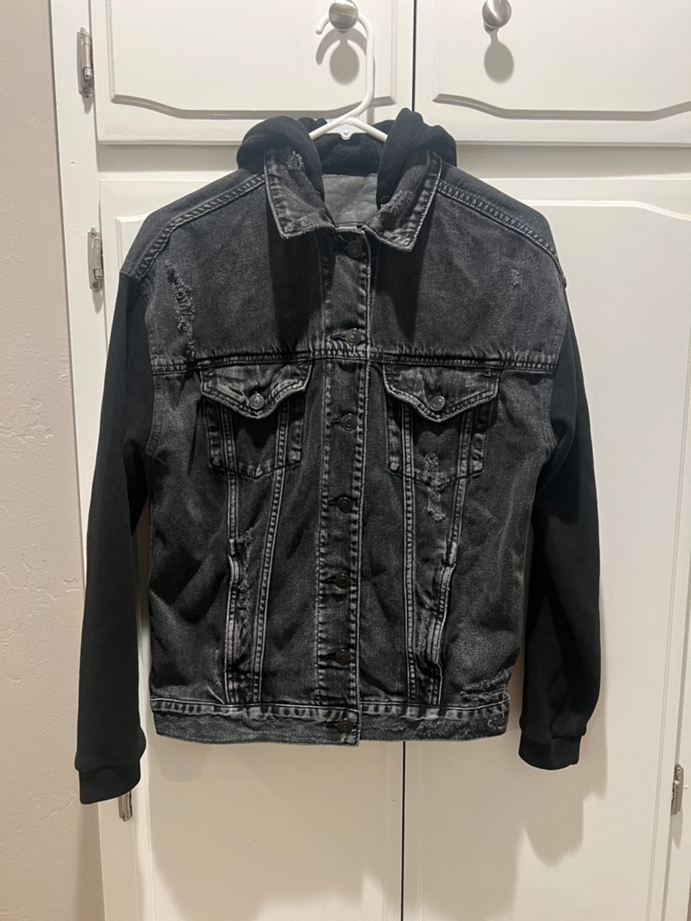 American Eagle Outfitters Black Washed Denim Jacket with Black Hoodie Sleeves